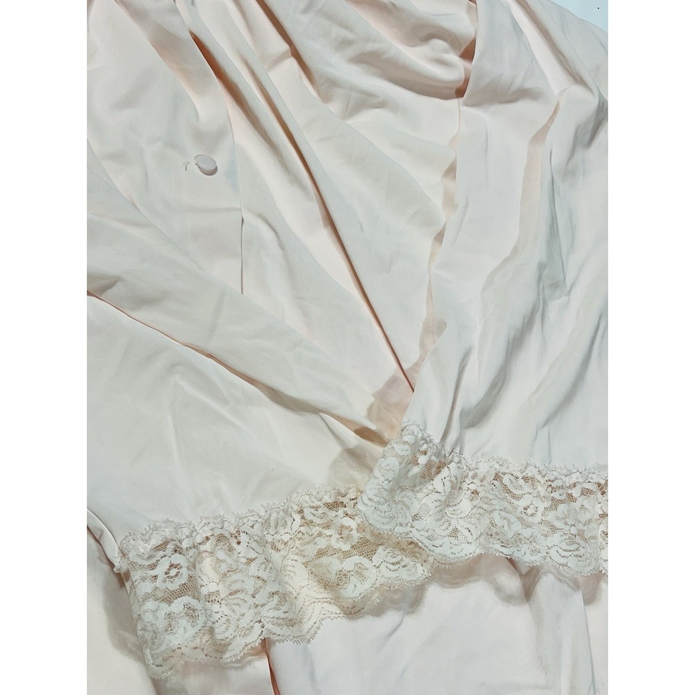 Shadowline Long Robe Pink Peach Nylon Lace Button Front Romantic VTG Size Large - Picture 4 of 11